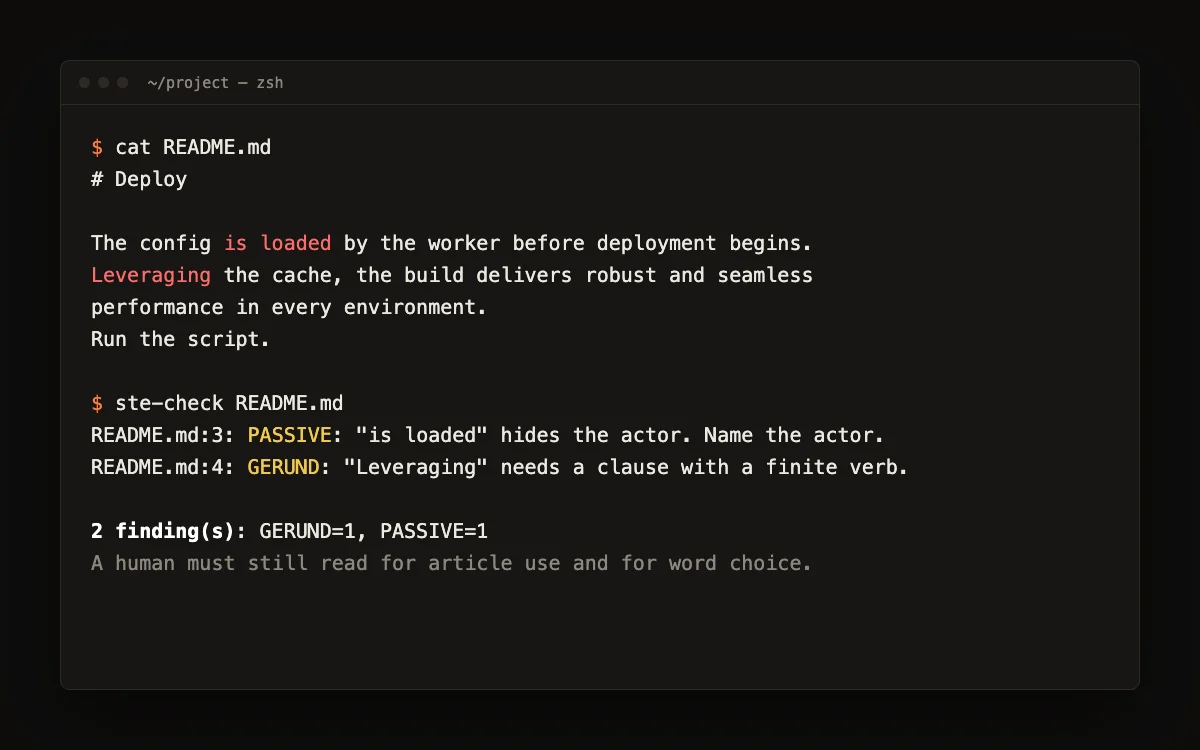 The ponycave100 checker flags a passive verb and a gerund in a README