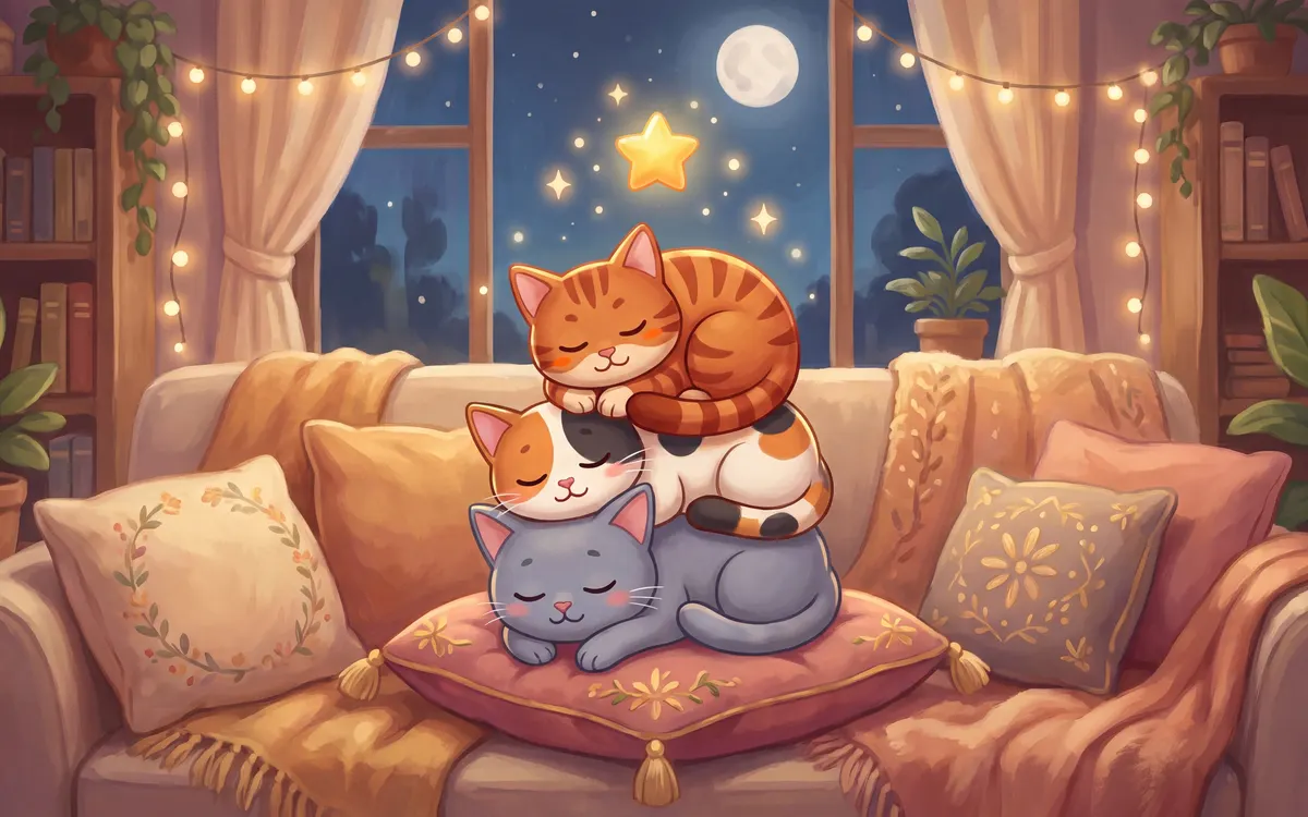 Cat Nap store artwork: three cats asleep on a sofa