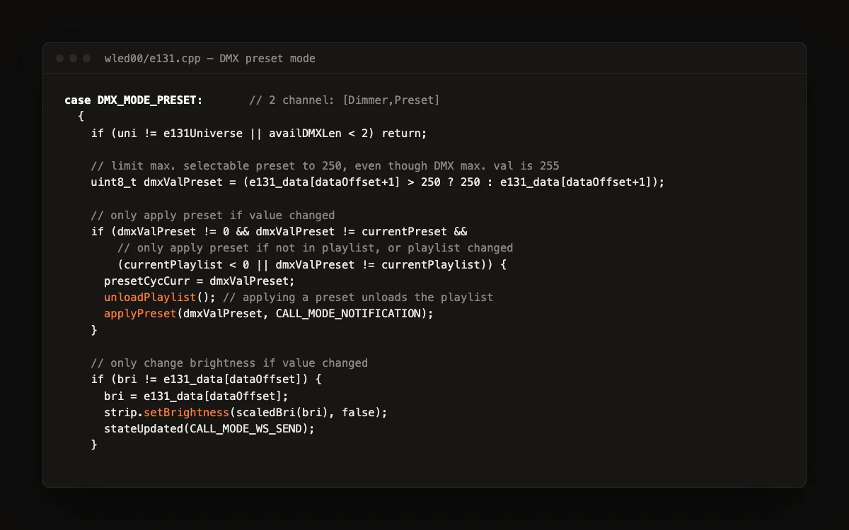 The DMX preset mode code in wled00/e131.cpp