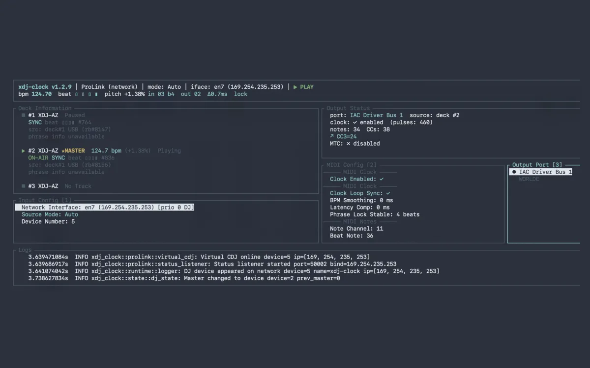 The xdj-midi-beat terminal view with players, clock and MIDI output